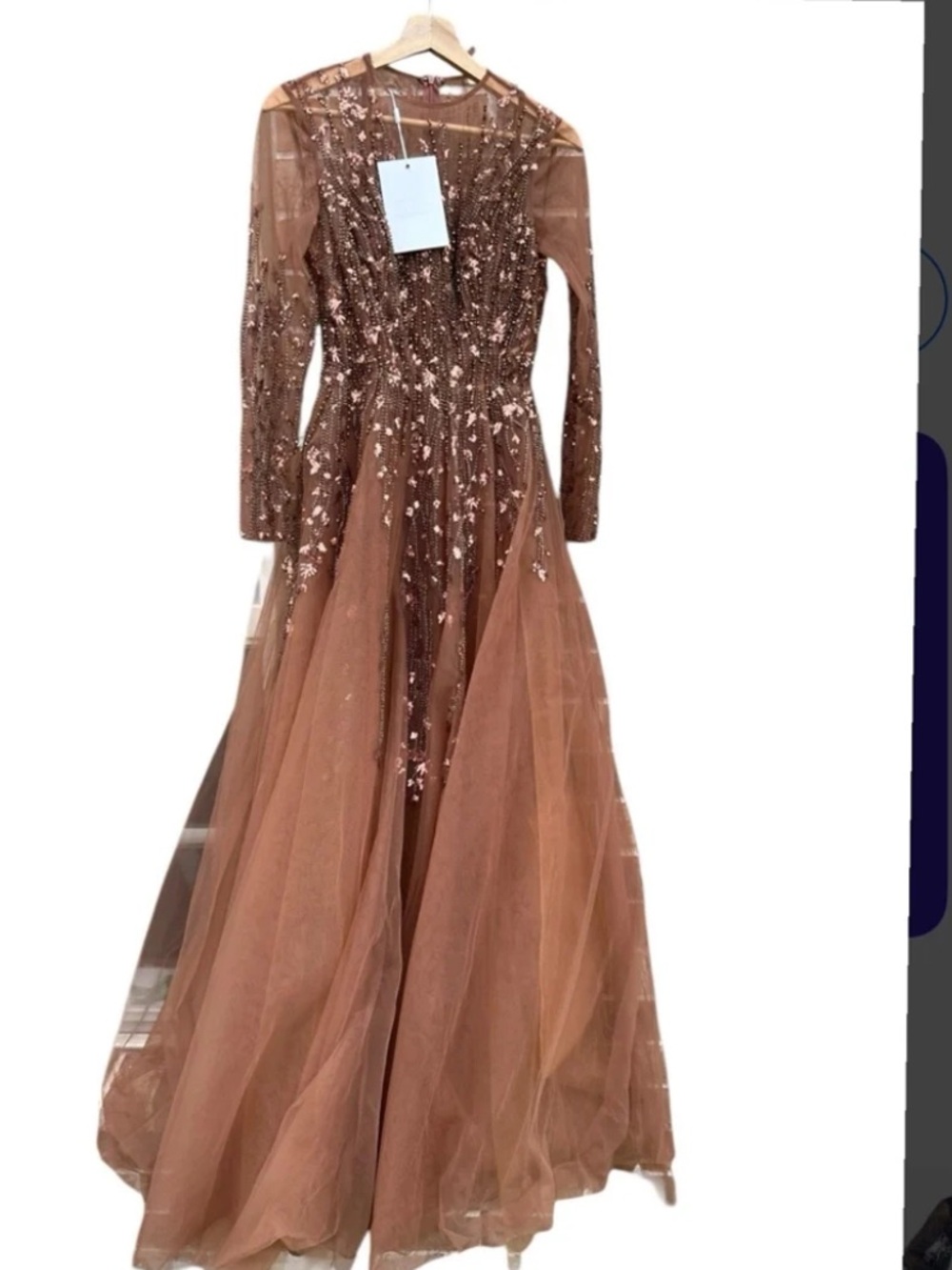 Mac Duggal Espresso Brown Embellished Tulle Maxi Gown